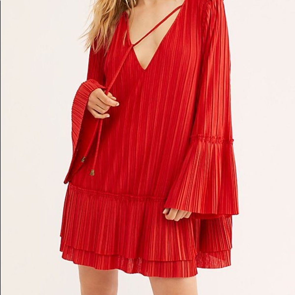 Free people Red pleated long sleeve mini dress